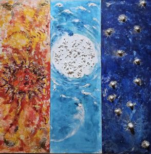 Maße: je 104 x 35 cm <br>
Rahmen: ohne <br>
Technik: Assemblage <br>
Preis: 380,- EUR <br>
Druck möglich, andere Größen auf Anfrage Trio: Sonne Mond Sterne