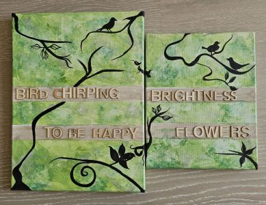 Maße: 40 x 30 cm, 30 x 24 cm<br>
Rahmen: ohne <br>
Technik: Assemblage<br>
Preis: 450,- EUR <br> Duo: Frühling